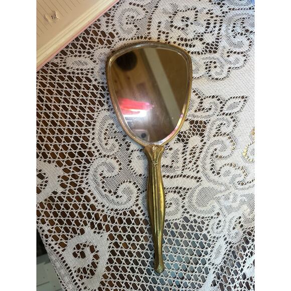 VTG 50’s Vanity Mirror Hand Mirror Gold Tone Handles Gold Floral Design Roses - Picture 5 of 6